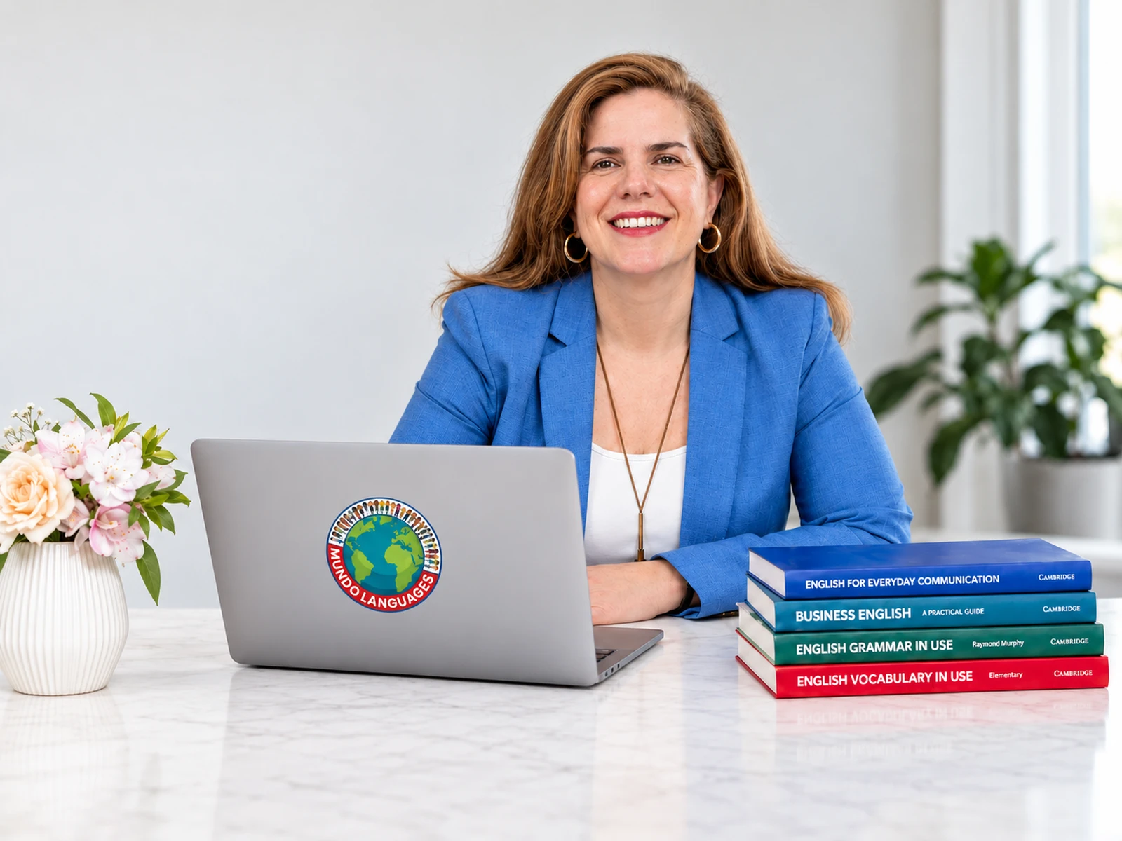 Despina Kozulcali en su escritorio con su laptop y libros de inglés